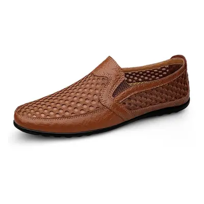 Síťované loafers pánské kožené boty nazouvací Barva: Hnědá