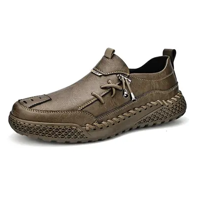 Pánské kožené loafers s prošíváním Barva: Khaki