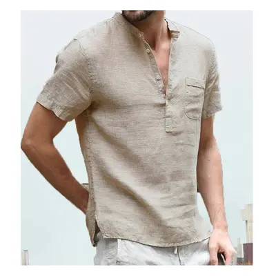 Pánská lněná košile na léto s krátkým rukávem - XL/4XL Barva: Khaki