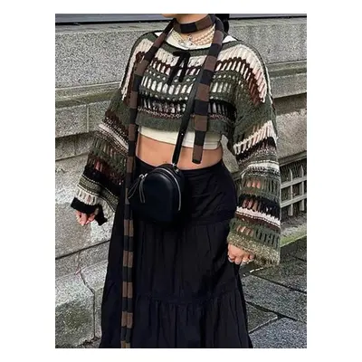 Ažurový crop top s dlouhým rukávem a vázáním Barva: Zelená