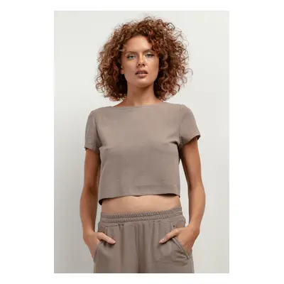 Lněný crop top s krátkým rukávem T401 Barva: Mocca