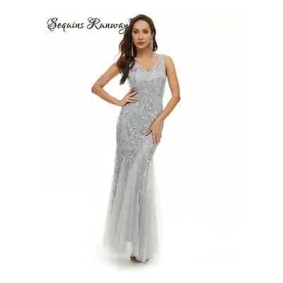 Sexy dlouhé šaty na večer Sequins SQ1119 Barva: Šedá