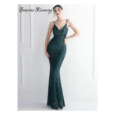 Sexy dlouhé šaty na svatbu Sequins SQ1148 Barva: Zelená