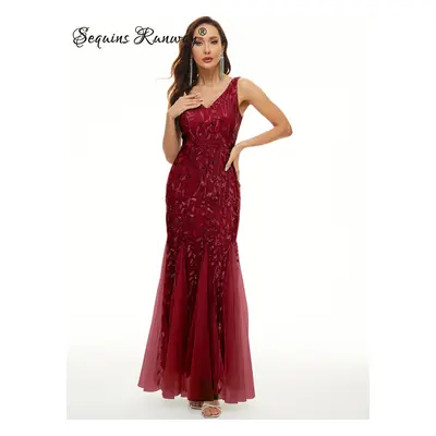 Sexy dlouhé šaty na večer Sequins SQ1119 Barva: Vínová