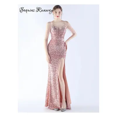 Sexy dlouhé šaty na společnost Sequins SQ1168 Barva: Růžová