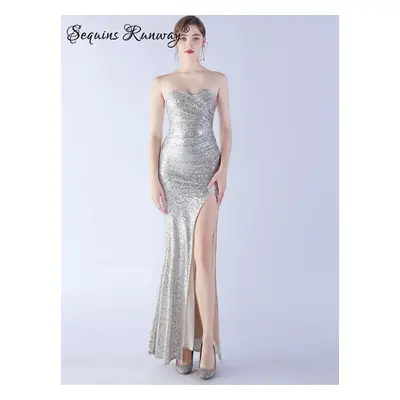 Sexy večerní šaty maxi Sequins SQ1074 Barva: Stříbrná