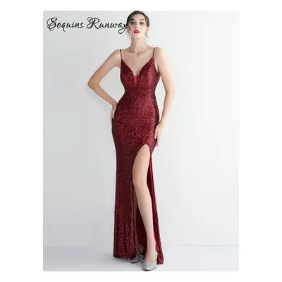 Dlouhé šaty na svatbu Sequins SQ1043 Barva: Vínová