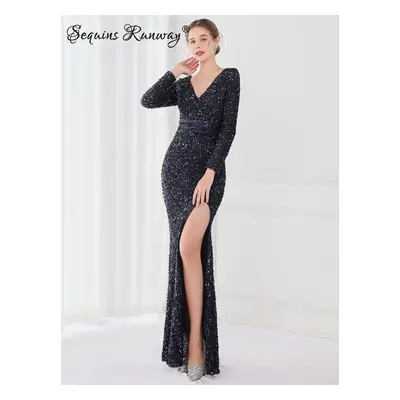 Sexy dlouhé šaty na ples Sequins SQ1132 Barva: Tmavě Modrá