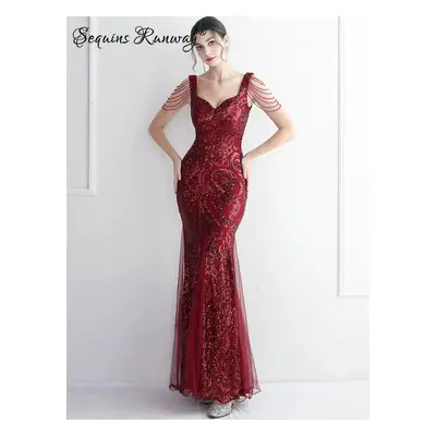 Sexy dlouhé šaty na večer Sequins SQ1109 Barva: Vínová