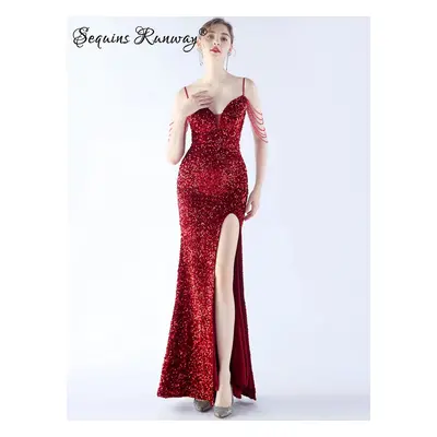 Sexy dlouhé šaty na společnost Sequins SQ1168 Barva: Vínová