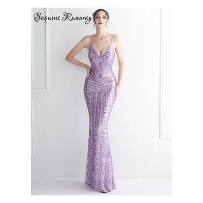 Sexy dlouhé šaty na svatbu Sequins SQ1148 Barva: Fialová