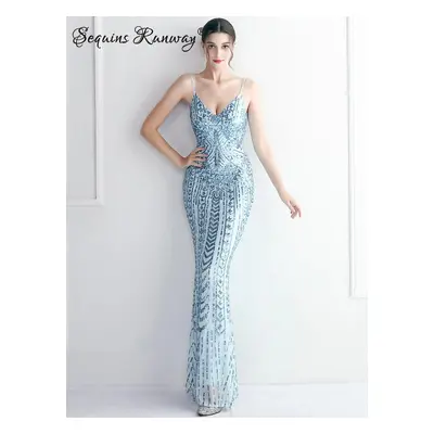 Sexy dlouhé šaty na svatbu Sequins SQ1148 Barva: Nebeská