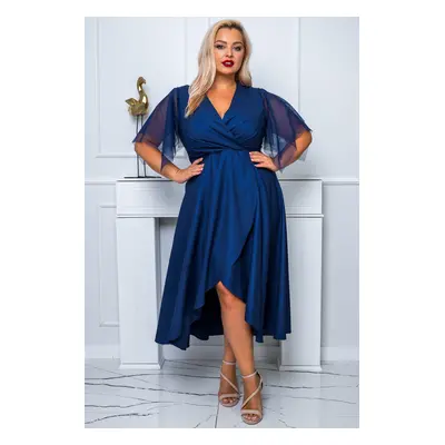 Společenské šaty plus size s páskem ELENA glossy Barva: Tmavě Modrá