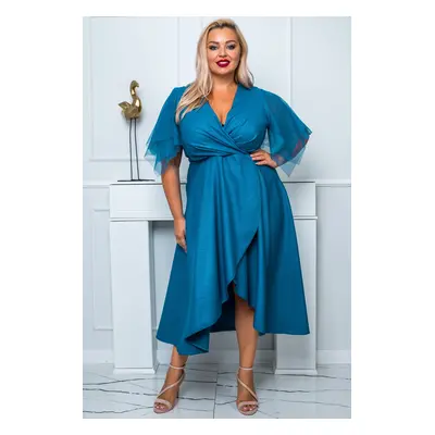 Společenské šaty plus size s páskem ELENA glossy Barva: Tyrkysová