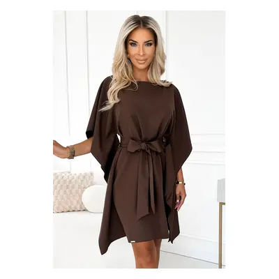 287-37 SOFIA Sukienka motyl z wiązaniem w pasie - MOCHA MOUSSE