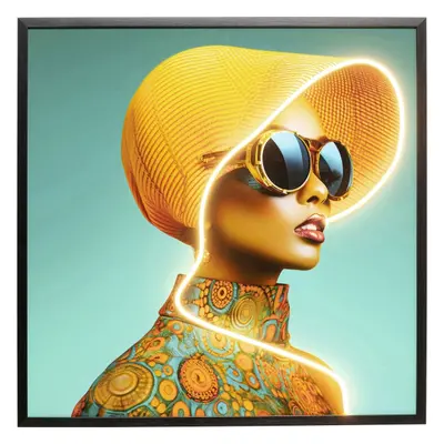 KARE Design Zarámovaný obraz Sun Hat Woman žlutý LED 80x80cm