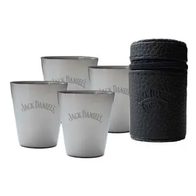 Jack Daniels set 4 kovových panáků v koženém obalu