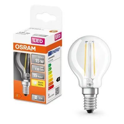 Průhledná LED mini žárovka E14 1,5 W CLASSIC P, teplá bílá