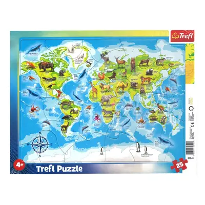 Trefl | Rámové puzzle 25ks. | Mapa světa se zvířaty