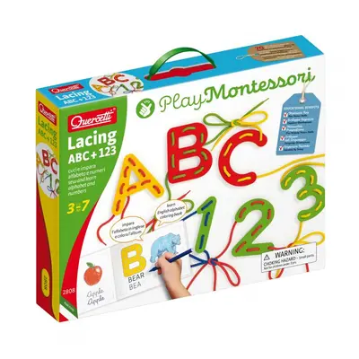 Quercetti Lacing ABC + 123 alphabets and numbers – provlékací souprava s písankou a omalovánkam