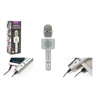 Mikrofon karaoke Bluetooth stříbrný na baterie s USB kabelem v krabici 10x28x8,5cm