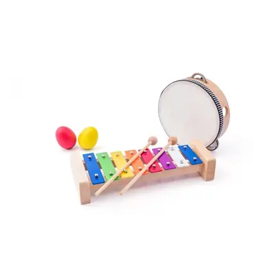 Woody Muzikální set xylofon tamburina bubínek triangl 2 maracas vajíčka