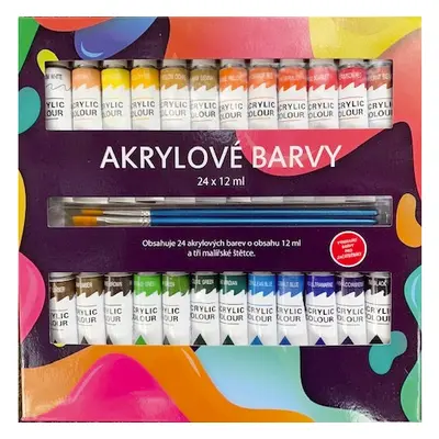 Akrylové barvy 24x12ml se štětcemi 3ks v krabičce 22x22x2cm