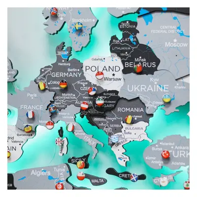 Nástěnná dřevěná mapa světa s RGB LED podsvícením BÍLO-ŠEDÁ 200 cm x 120 cm