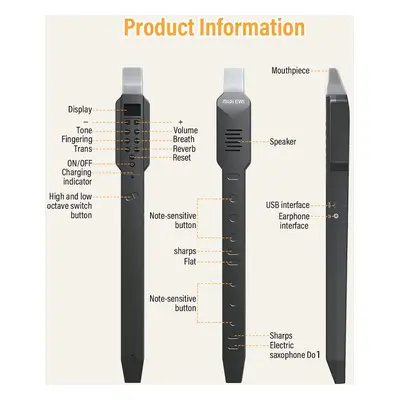 Elektronický dechový nástroj flétna + saxofon s reproduktorem (10 tónů) + BT + MIDI