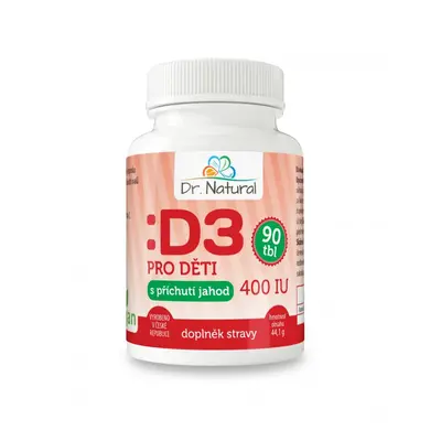 Dr. Natural Vitamín D3 pro děti s příchutí jahody (400IU) 90 tablet