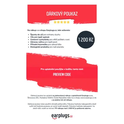 Elektronický dárkový poukaz na Earplugs.cz Hodnota poukazu: 1200