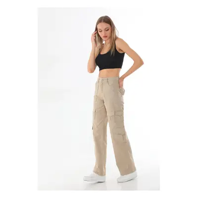 BİKELİFE Dámské béžové kalhoty s vysokým pasem s více kapsami Straight Fit Cargo Pants