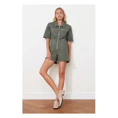 Trendyol Khaki Elastic Waist Denim Shorts Overalls