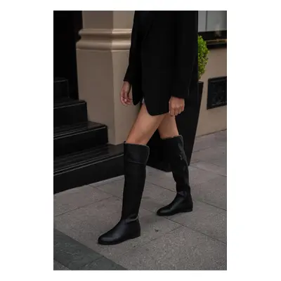 Madamra Black Women's Stone Detailed Long Leather Women's Boots.