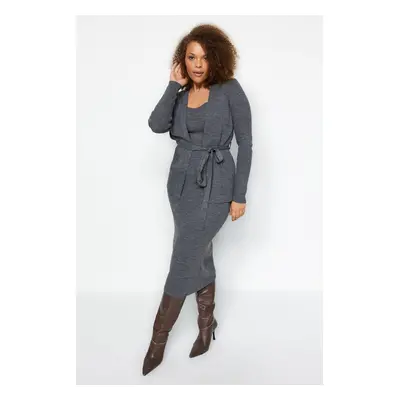 Trendyol Curve Anthracite 2-dílný úplet Cardigan-Dress