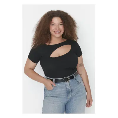 Trendyol Curve Black Crop Žebrovaný Pletený Výřez Detailní Halenka