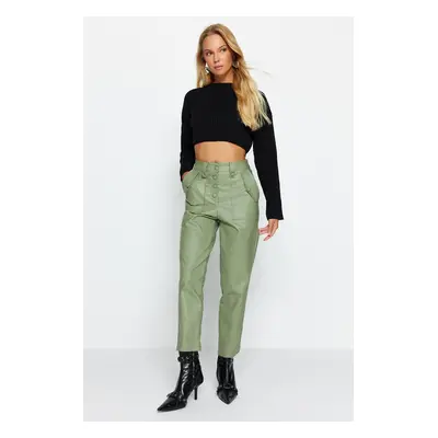 Trendyol Limited Edition Green Carrot Woven Button-Front Faux Leather Pants