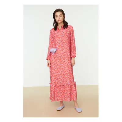 Trendyol Red Floral Half Pat Hem Frilly Lined Woven Dress