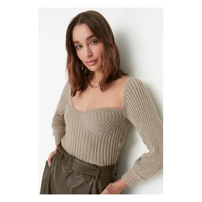 Trendyol Mink Crop Heart Krk Pletený svetr