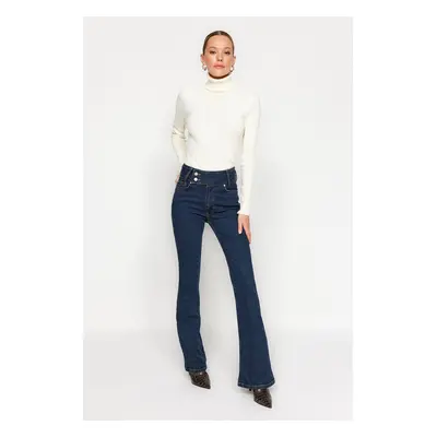 Trendyol Tmavě modrý pas Detail Vysoký pas Flare Jeans