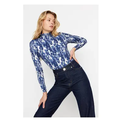 Trendyol Navy Blue Printed Fitted High Neck Long Sleeve Sweater/Textured Knitted Blouse