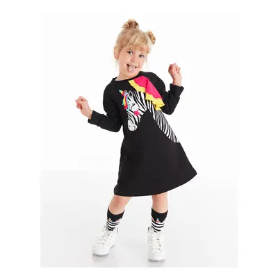 Denokids Black Unicorn Zebra Girl's Long Sleeve Ruffle Detailed Dress