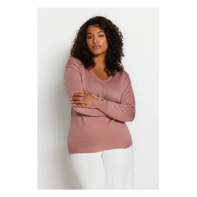 Trendyol Curve Dusty Rose V-Neck Button Detailní pletený svetr