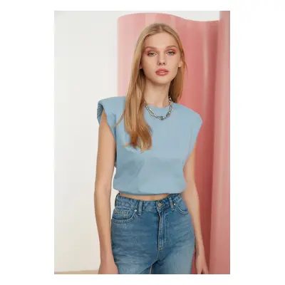 Trendyol Blue 100% Cotton Padded Crop Crew Neck Knitted T-Shirt