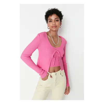 Trendyol Pink Crop Tie Detailed Blouse-Cardigan Knitwear Suit Knitwear Cardigan