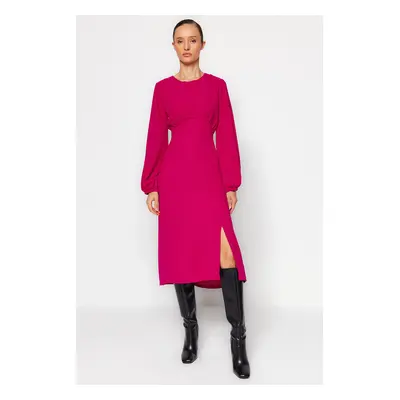 Trendyol Fuchsia pas Midi objemný rukáv Detailní tkané šaty