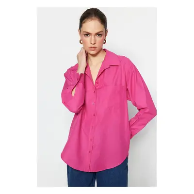 Trendyol Fuchsia Single Pocket Boyfriend / Wide Fit bavlněná tkaná košile