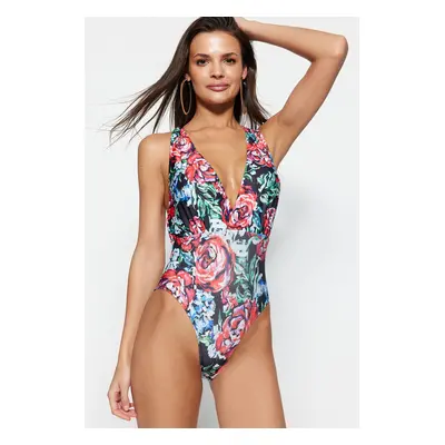 Trendyol Floral Pattern Deep-Chocolate High Leg Swimsuit With Open Back