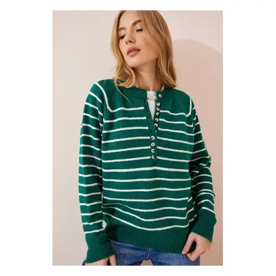 Happiness İstanbul Women's Dark Green Ecru Button-down Collar Knitwear Sweater