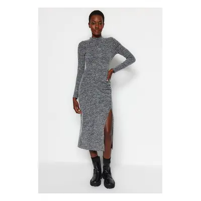 Trendyol Anthracite Crew Neck Fluffy Midi Slit and Gathered Detail Fitted Knitted Dress